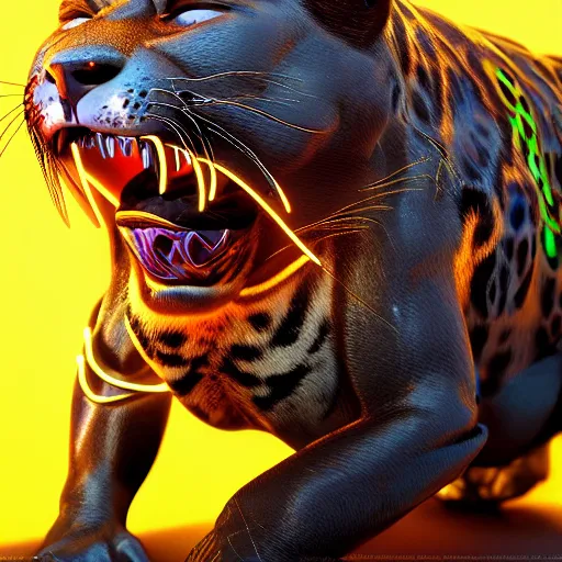 Image similar to portrait of a neon cyberpunk jaguar animal snarling, octane render