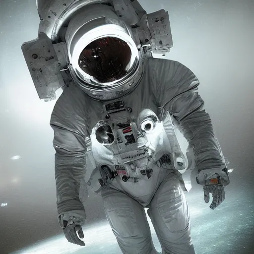 Image similar to concept art by craig mullins astronaut in futuristic dark and empty spaceship underwater. infrared complex and hyperdetailed technical suit. mandelbulb fractal. reflection and dispersion materials. rays and dispersion of light. volumetric light. 5 0 mm, f / 3 2. noise film photo. flash photography. unreal engine 4, octane render. interstellar movie art