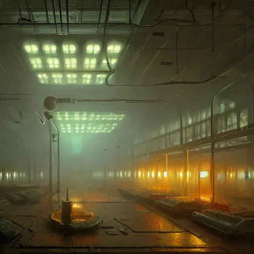 Image similar to detailed painting of a retroscifi interior in 1 9 4 0, volumetrics lights, beam of bright lights through the fog, simon stalenhag, andreas achenbach