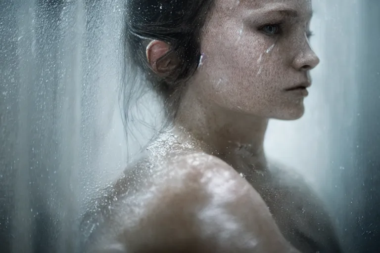 Image similar to an ultra realistic, cinematic, fantasy, portrait, of a woman, face in water, dramatic, soft light, dreamy, facial features, stood in a cell, with prison clothing, detailed, deep focus, movie still, dramatic lighting, ray tracing, by michal karcz and yoshitaka amano