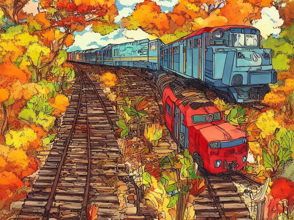 Image similar to longitudinal cut sideview of a anime train, digital art, autumn light, colorful, beautiful, inspired by studio ghibli, inspired by hayao miyazaki, concept art, manga, cute and adorable, illustration