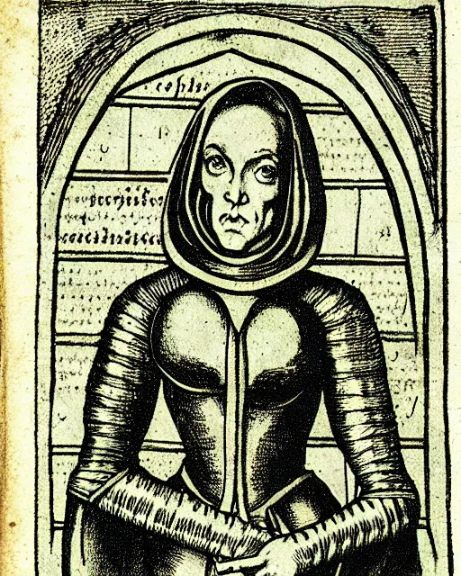 Image similar to an illustration of dana scully from the nuremberg chronicle, 1 4 9 3