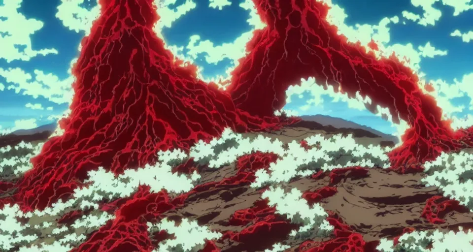 Image similar to a volcano made of ivory vines and crimson rocks enters in eruption, it spits a smoke in the shape of demonic eye, by Wit Studio