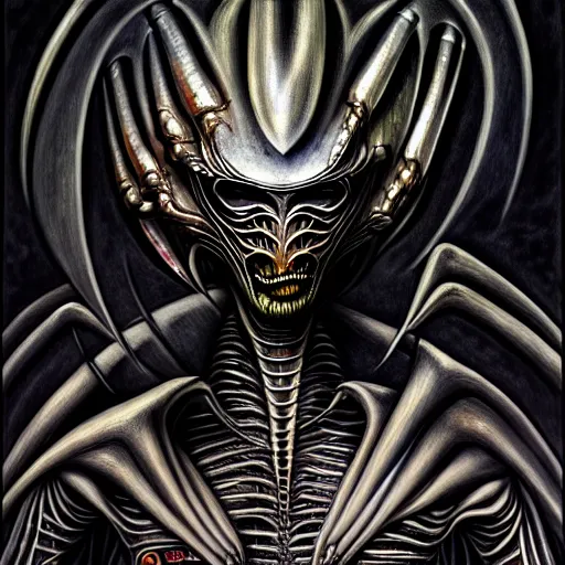 Image similar to Giger portrait of queen dragon, Dragon in dragon lair, HD, full body dragon concept, flying dragon, soft shading, hyperdetailed, wide angle lens, fantasy, futuristic horror, style of giger