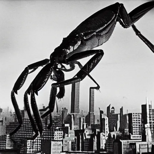 Image similar to “ still image taken from sci fi horror movie of a giant praying mantis attacking a city. low camera angle. 1 9 6 0 ”