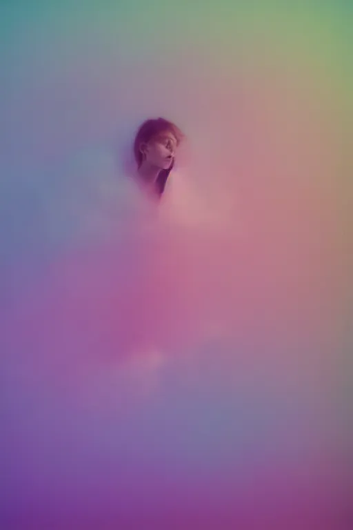 Image similar to high quality pastel coloured film close up wide angle photograph of a model wearing clothing swimming on cloud furniture in a icelandic black rock!! environment in a partially haze filled dreamstate world. three point light, rainbow. photographic production. art directed. pastel colours. volumetric clouds. pastel gradient overlay. waves glitch artefacts. extreme facial clarity. 8 k. filmic.