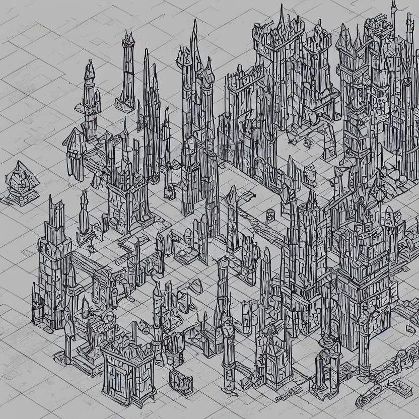 Image similar to isometric view of wizard's tower, lineart, 8 k