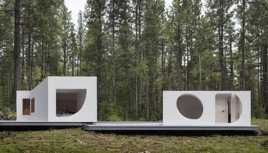 Prompt: A small modern cabin in the woods with rounded corners, made of cement, Designed by Rolls Royce, Gucci, Balenciaga, and Wes Anderson, being 3d printed by a large scale robotic arm