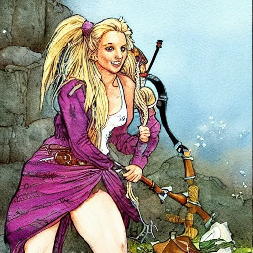 Image similar to a realistic and atmospheric watercolour fantasy concept art of britney spears dressed with scottish clothes and with bagpipe, muted colors. by rebecca guay, michael kaluta, charles vess and jean moebius giraud,