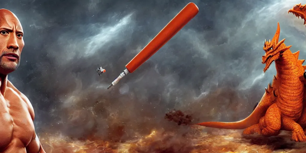 Image similar to concept art of dwayne johnson with a baseball bat fighting an orange dragon outside a space station