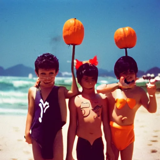 Image similar to kids on halloween costumes in copacabana beach, rio de janeiro, 8 0 s, nostalgic photograph, 3 5 mm, iso 4 0 0, kodak