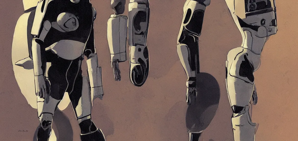 Image similar to male, full body, space suit with a modern helmet, large shoulders, short torso, long thin legs, tiny feet, character sheet, science fiction, very stylized character design, digital painting, by mike mignola, by alex maleev, jean giraud, painted by leyendecker