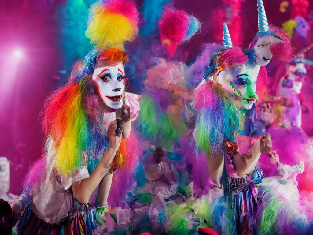 Image similar to 1 unicorn wearing clown makeup on stage auditioning for American Idol