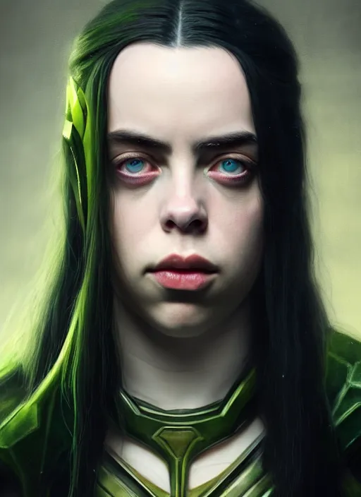 Prompt: Billie Eilish as female loki by, hyper detail, hyper realistic, octane render, gorgeous symmetrical face, elegant, intricate, studio lighting, by Greg rutkowski