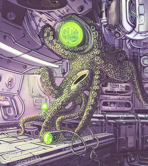 Prompt: a cybernetic realistic octopus in a space station, techwear, Industrial Scifi, detailed illustration, character portrait, graffiti style, by Martin Grip and Moebius