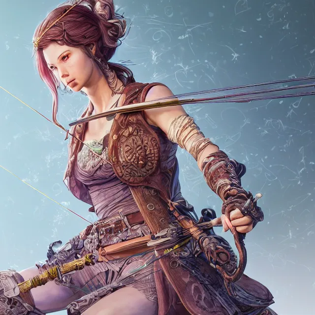 Image similar to the portrait of lawful neutral semi - colorful female archer huntress as absurdly beautiful, gorgeous, elegant, young woman, an ultrafine hyperdetailed illustration by kim jung gi, irakli nadar, intricate linework, bright colors, octopath traveler, final fantasy, unreal engine 5 highly rendered, global illumination, radiant light, detailed and intricate environment