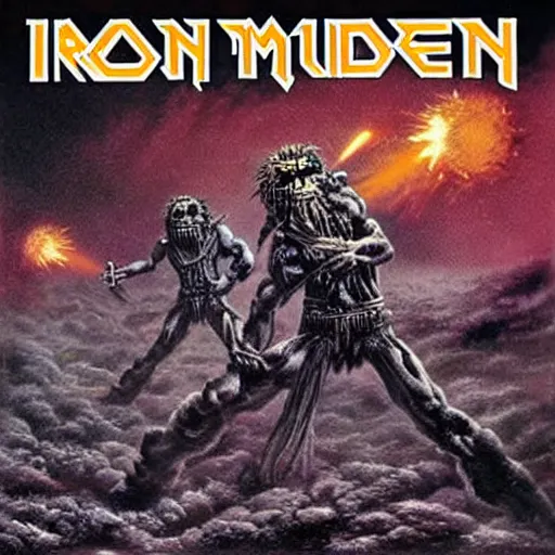 Prompt: iron maiden album cover, science - fiction futuristic apocalyptic war scene with explosions, soldiers firing