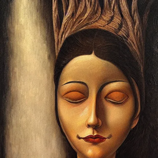 Prompt: a beautiful highly detailed painting of a woman in the style of Remedios Varo.