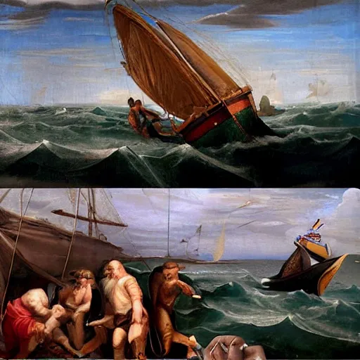 Image similar to a renaissance style oil painting of an old man, a marlin, and a boat in a turbulent sea. The old man is in the center of the image, with the marlin on the left and the boat on the right. He is leaning back, using all his strength to reel in the marlin. His face is sweaty and strained, and his arms are shaking. The marlin is huge, and its body is thrashing around in the water. The boat is small and insignificant compared to the marlin, and it is being pulled towards the fish. The overall effect is one of drama and suspense.