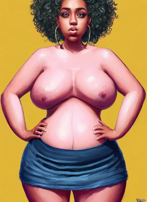 Image similar to full body portrait, teenage vanessa morgan, pink hair, obese, curly pixie hair, sultry, realistic, short hair, hoop earrings, skirt, shirt, fat, belly, black girl, intricate, elegant, highly detailed, digital painting, artstation, concept art, smooth, sharp focus, illustration, art by wlop, mars ravelo and greg rutkowski