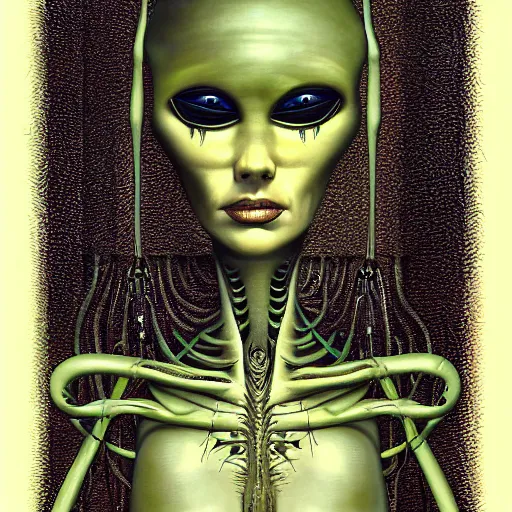 Image similar to portrait of a beautiful woman, alien, high detail, painting by hr giger