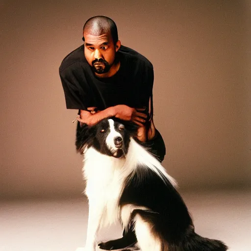 Image similar to Kanye West holding a Border Collie for a 1990s sitcom tv show, Studio Photograph, portrait C 12.0