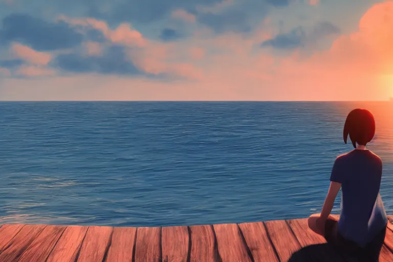 Prompt: a photo of max caulfield watching sunset on the sea, hyperrealistic, cinematic, 8 k, highly detailed, ue 5