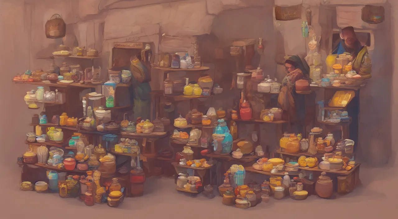 Image similar to A desert shopkeeper selling canteens, trending on artstation