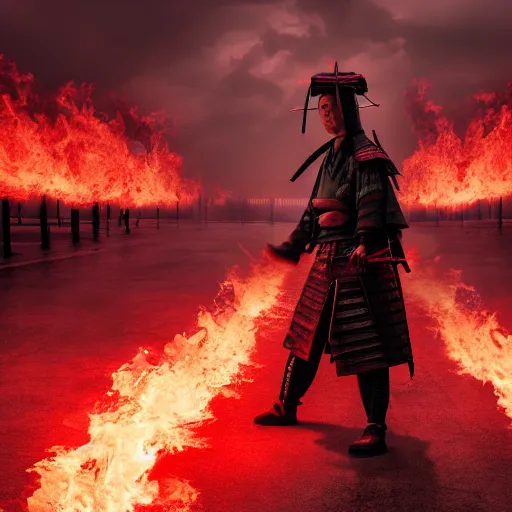 Prompt: a samurai is walking in a red flaming city, apocalyptic