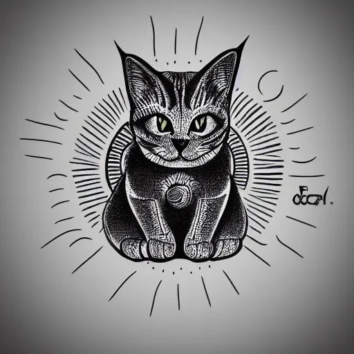 Image similar to tattoo sketch of a cat hugging the sun, on a canva, blackwork, ornamental, line art, vector,