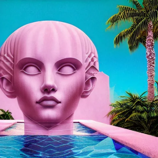 Image similar to geometric 3d masterpiece, hyperrealistic surrealism, award winning masterpiece with incredible details, epic stunning, infinity pool, a surreal vaporwave liminal space, highly detailed, trending on ArtStation, broken giant marble head statue ruins, calming, meditative, pink arches, flowing silk sheets, palm trees, very vaporwave, very very surreal, sharp details, artgerm and greg rutkowski and alphonse mucha, daily deviation, IAMAG