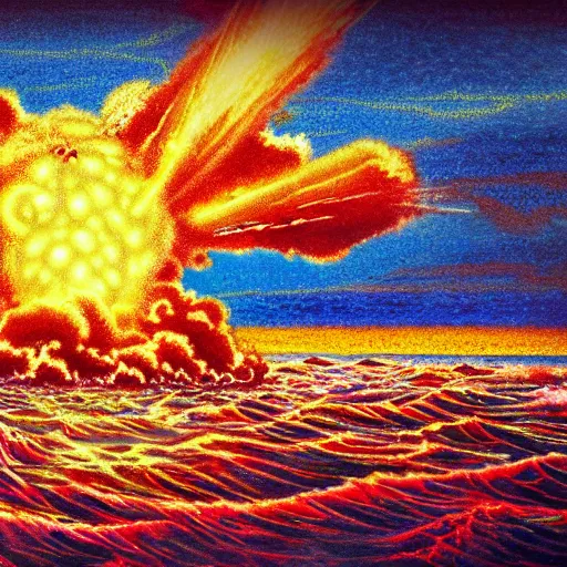 Prompt: nuclear bomb exploding in the ocean, extreme vivid colors, abstract realism, highly ornate intricate details, 1 9 2 0's colored pencil, 4 k, cinematic lighting,