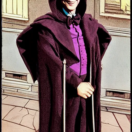 Image similar to willy wonka wearing a dark hooded cloak