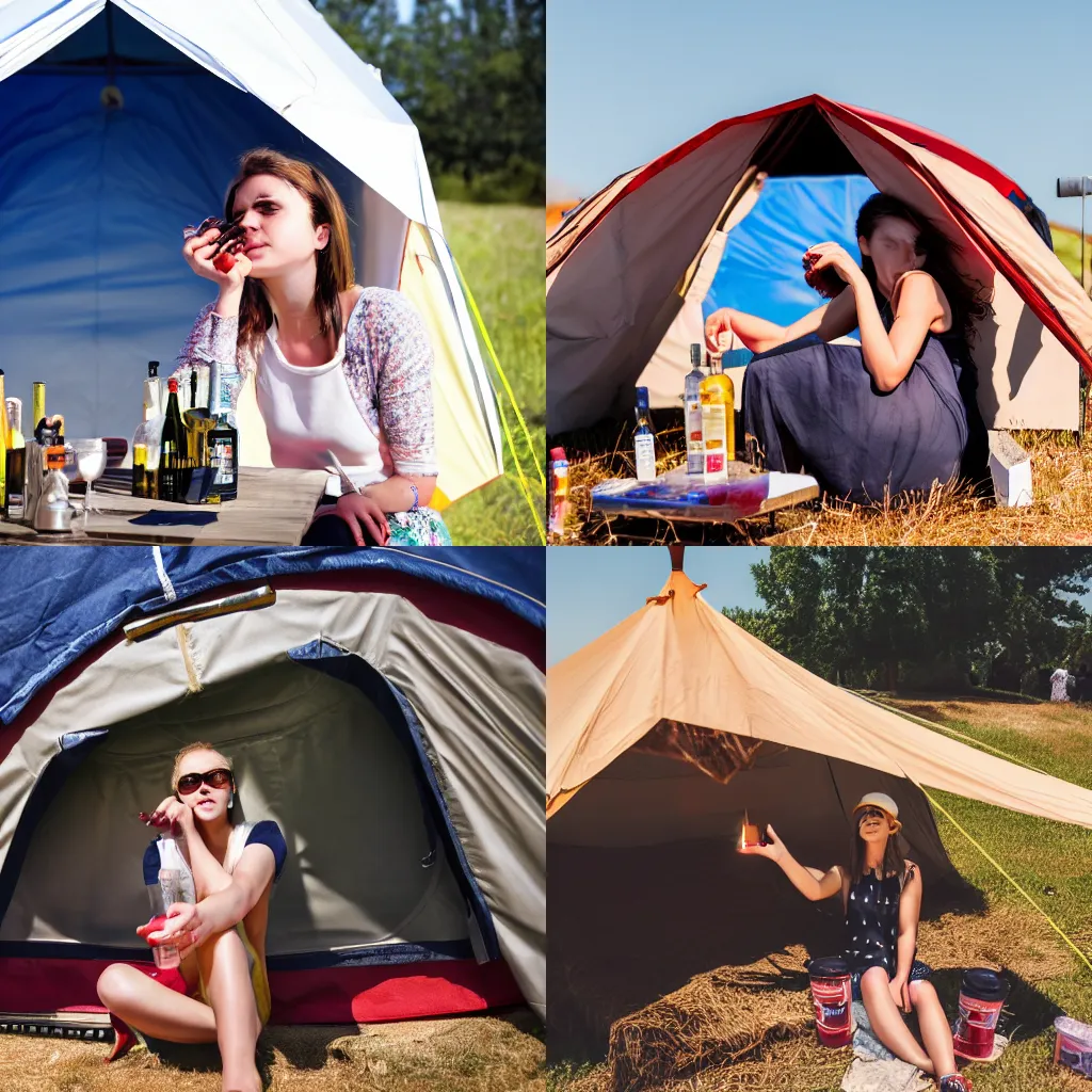 Prompt: an over-heated young woman under a tent serving people alcohol, sunny day, photograph, 4k UHD