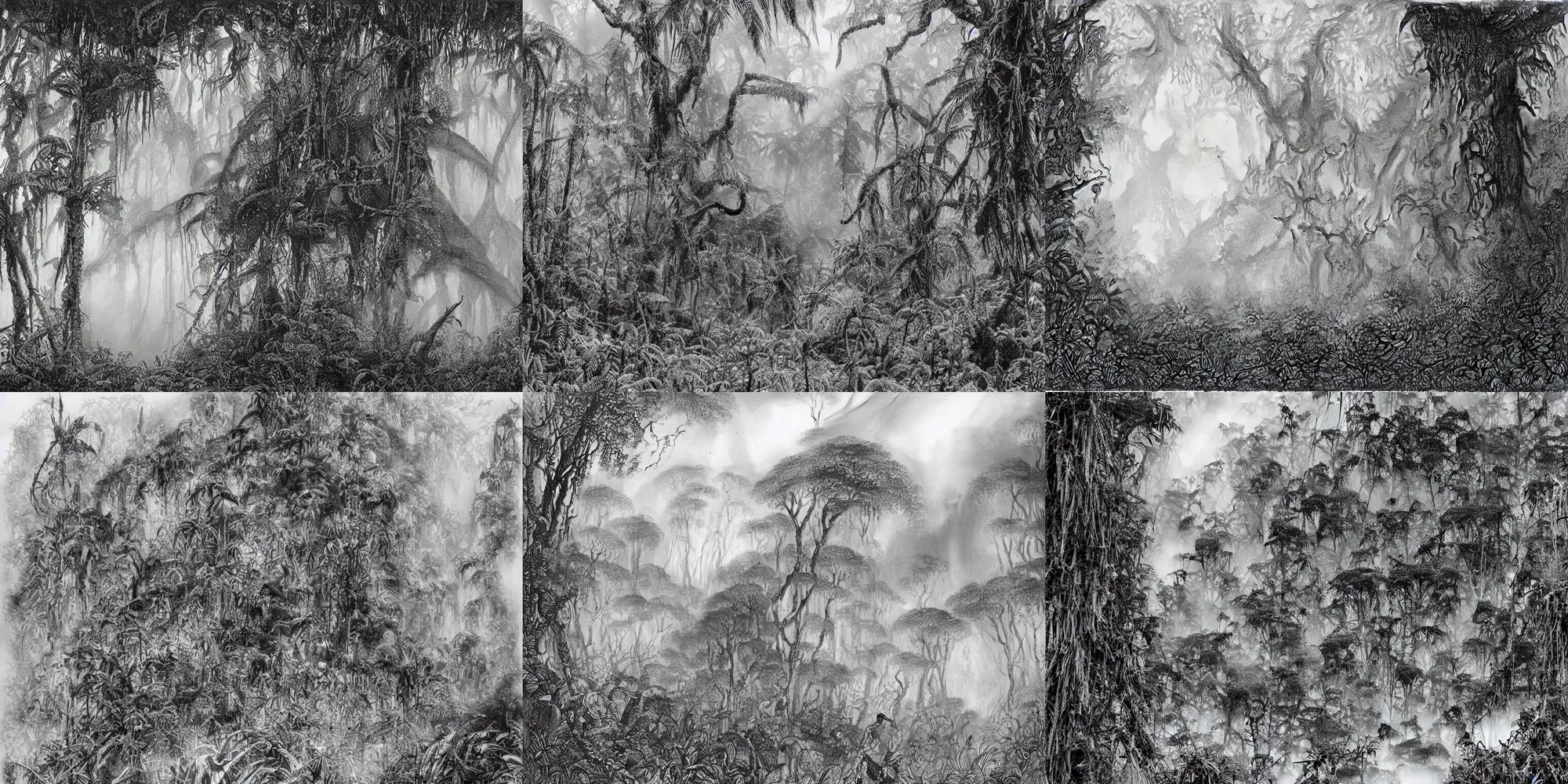 Prompt: a black and white vignette illustration of the amazon jungle by ian miller, john blanche, paul dainton, highly detailed, fog, mist, depth, spot illustration, ink and gouache on paper