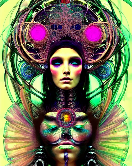 Image similar to detailed portrait of a beautiful goddess in a cyber headdress, neon cyberpunk make - up, art by android jones, ernst haeckel, nekro borja, alphonso mucha, h. r. giger, gothic - cyberpunk,