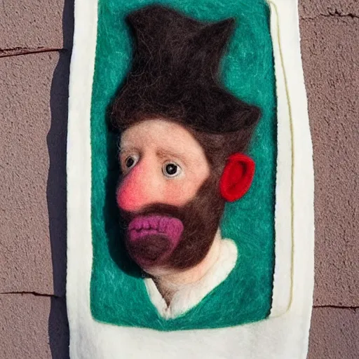 Image similar to by diego velazquez fine needle felting. a beautiful street art of a self - portrait of the artist. he is shown with his head turned to the left, looking at the viewer. his hair is wild & his eyes are wide open. his right hand is raised, as if he is pointing at something.