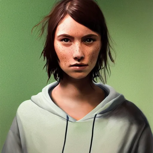 Prompt: woman with freckles, short brown hair, green eyes, wearing a grey hooded sweatshirt, trending on artstation, oil painting, volumetric light