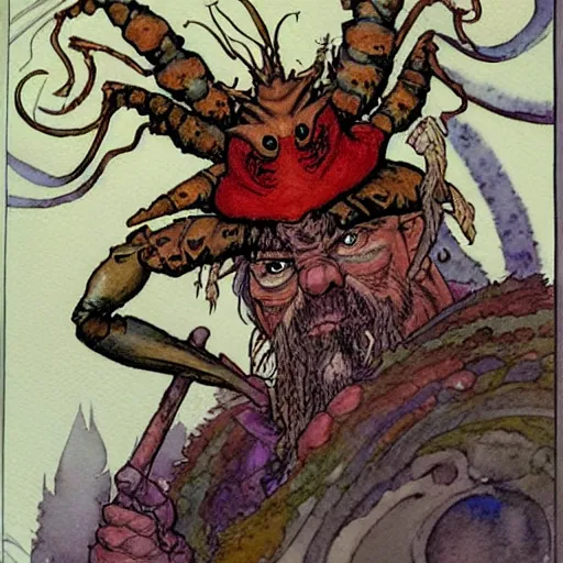 Prompt: a realistic and atmospheric watercolour fantasy character concept art portrait of mr. crabs as a druidic warrior wizard looking at the camera with an intelligent gaze by rebecca guay, michael kaluta, charles vess and jean moebius giraud