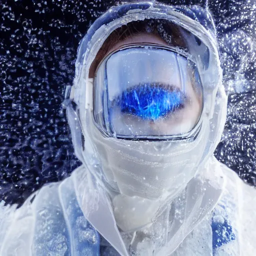 Image similar to futuristic female soldier eyes closed partly submerged in highly viscous clear fluid, frost particles, ice needles, cold blue light, complex hyperdetailed technical suit. white hair flowing. reflection. rays and dispersion of light. volumetric light. 5 0 mm, f / 3 2. noise film photo. ultra realistic, wide angle.