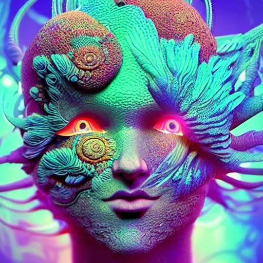 Image similar to Face of a Alien Deity, corals, plume made of fractals, extremly detailed digital painting, in the style of android jones, artwork of a futuristic artificial intelligence superstar, mystical colors, rim light, beautiful lighting, 8k, stunning scene, raytracing, octane, under water visual distortion, trending on artstation