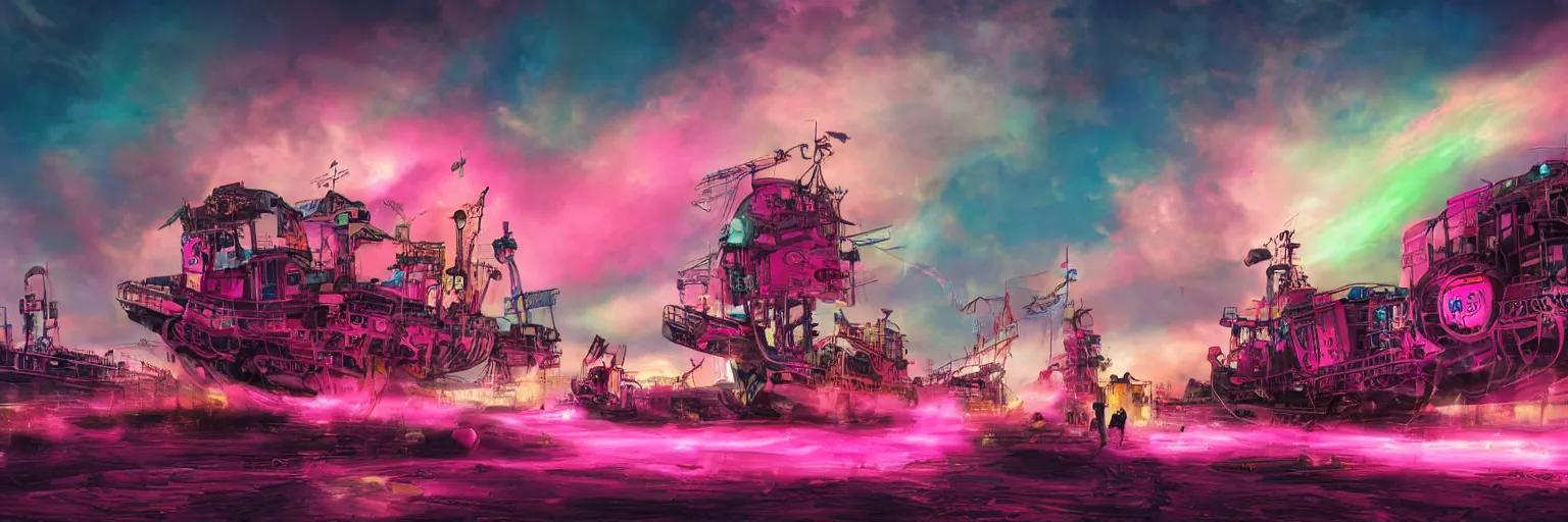 Image similar to big train in space, pink pirate dog, dog, run, pirate neon ship with punks on board, mohawks, neon, oil painting, rich deep colors masterpiece, ultra detailed, contrast, heaven pink, lots of roman arches, clouds, sky, volumetric light, atmospheric lighting, dramatic, cinematic, moody, octane render 4 k, 8 k