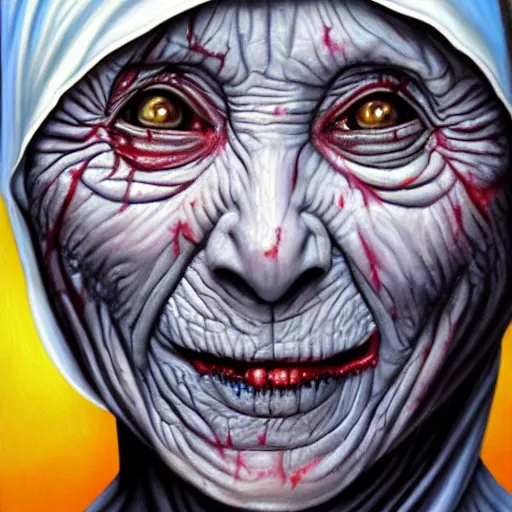 Prompt: a hyperrealistic painting of mother theresa as a zombie buy jason edmiston, hd, sharp focus,