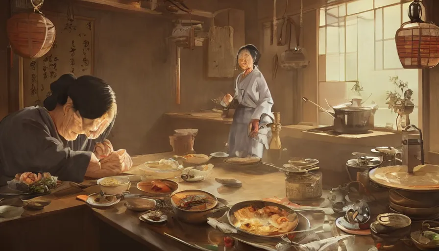 Image similar to old japanese lady cooking in old 1 8 0 0's kitchen, hyperdetailed, artstation, cgsociety, 8 k