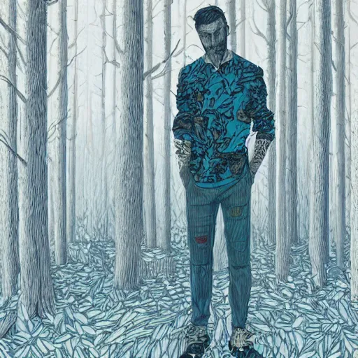 Prompt: man in the woods, james jean style
