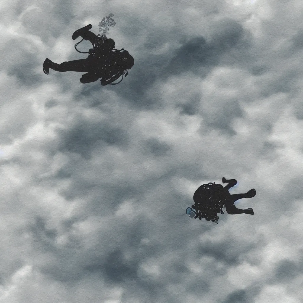 Image similar to a single scubadiver floating above the clouds, closeup, digital drawing