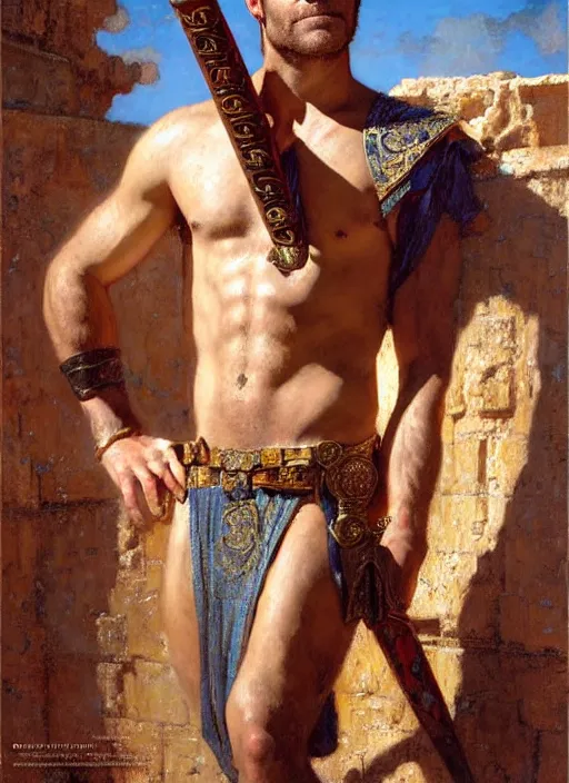 Image similar to gladiator chris pine, roman baths painting by gaston bussiere, craig mullins, j. c. leyendecker