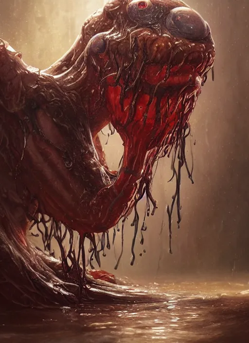 Image similar to digital painting of a wet smily monster in the rain, with translucent skin, veiny, long freaky finger, by filipe pagliuso and justin gerard, fantasy, highly detailed, realistic, intricate, glowing eyes