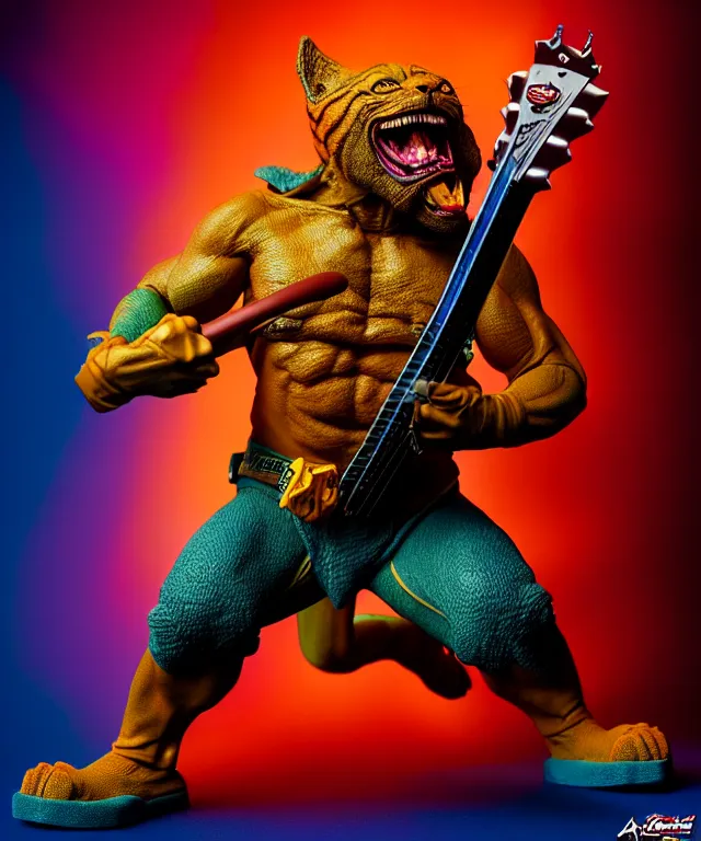 Prompt: hyperrealistic rendering, thundercat, by art of skinner and richard corben and jeff easley, product photography, action figure, sofubi, studio lighting, colored gels