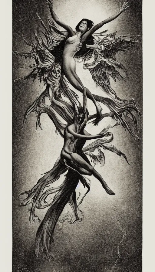 Image similar to manananggal, eerie silver engraving, high contrast